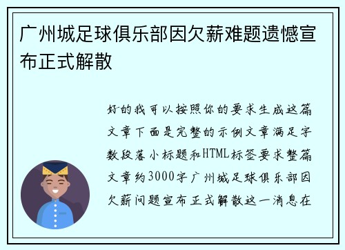 广州城足球俱乐部因欠薪难题遗憾宣布正式解散 广州城足球俱乐部因欠薪难题遗憾宣布正式解散