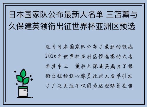 日本国家队公布最新大名单 三笘薰与久保建英领衔出征世界杯亚洲区预选赛