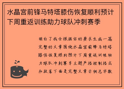 水晶宫前锋马特塔膝伤恢复顺利预计下周重返训练助力球队冲刺赛季